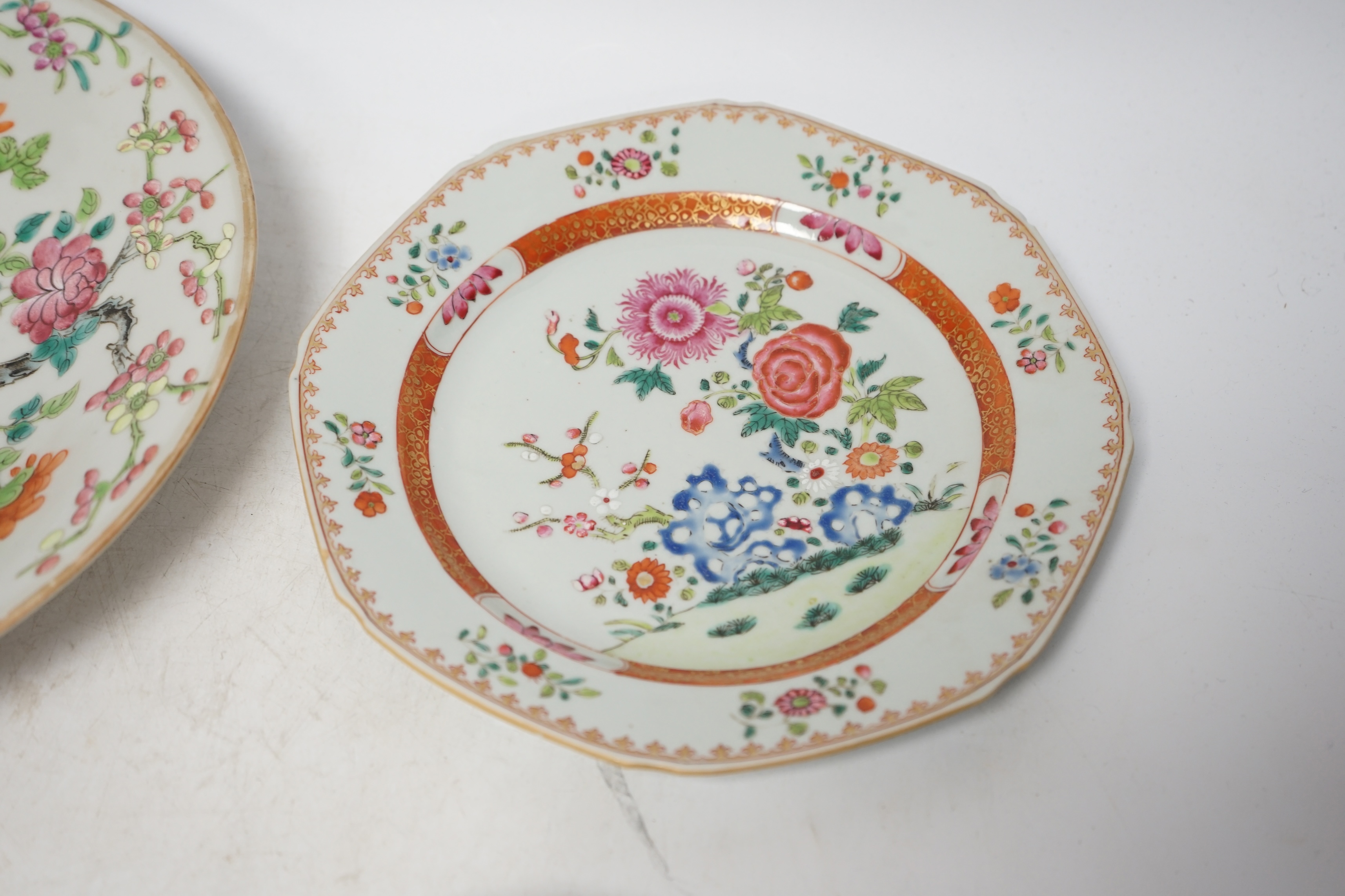 A pair of Chinese famille rose octagonal dishes, one other similar and a Cantonese dish, 18th/19th century, largest 29.5cm (4). Condition - circular famille rose dish with a restored area